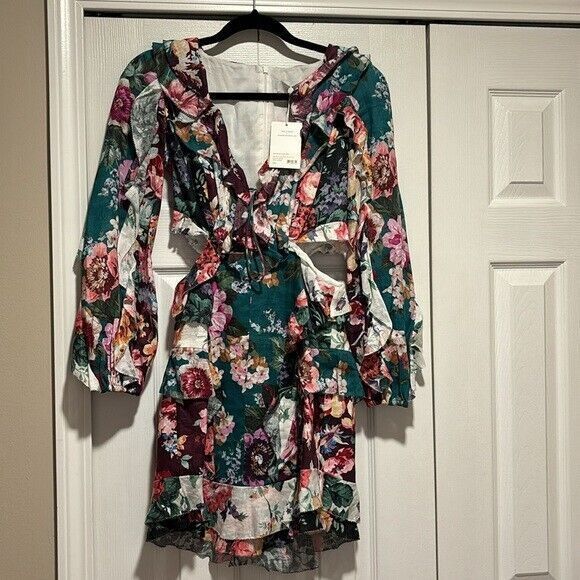 NWT. ZIMMERMANN Allia Ruffled Floral-print Linen Mini Dress AU0 / US4 green - Picture 13 of 16